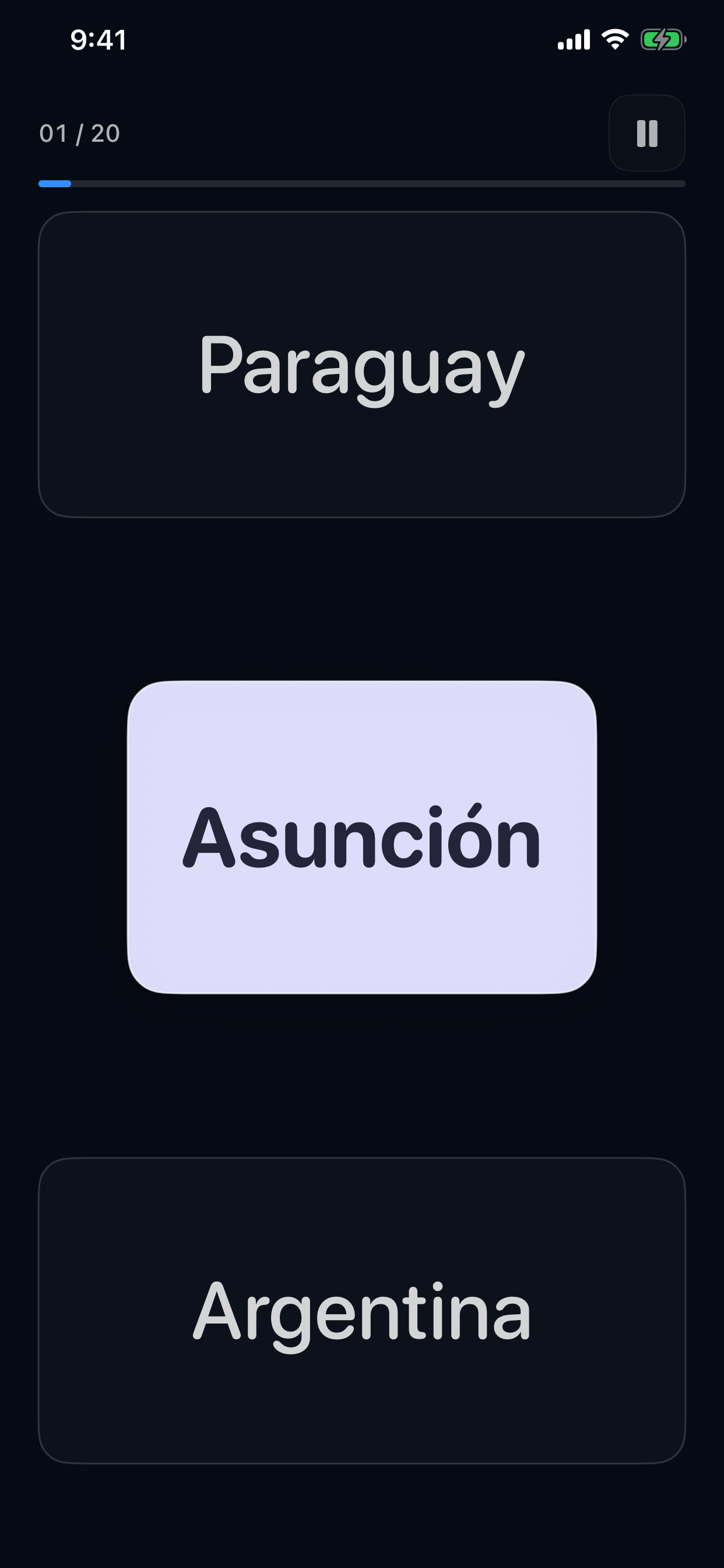 A capital quiz question with two country choices and the three-second answer timer.