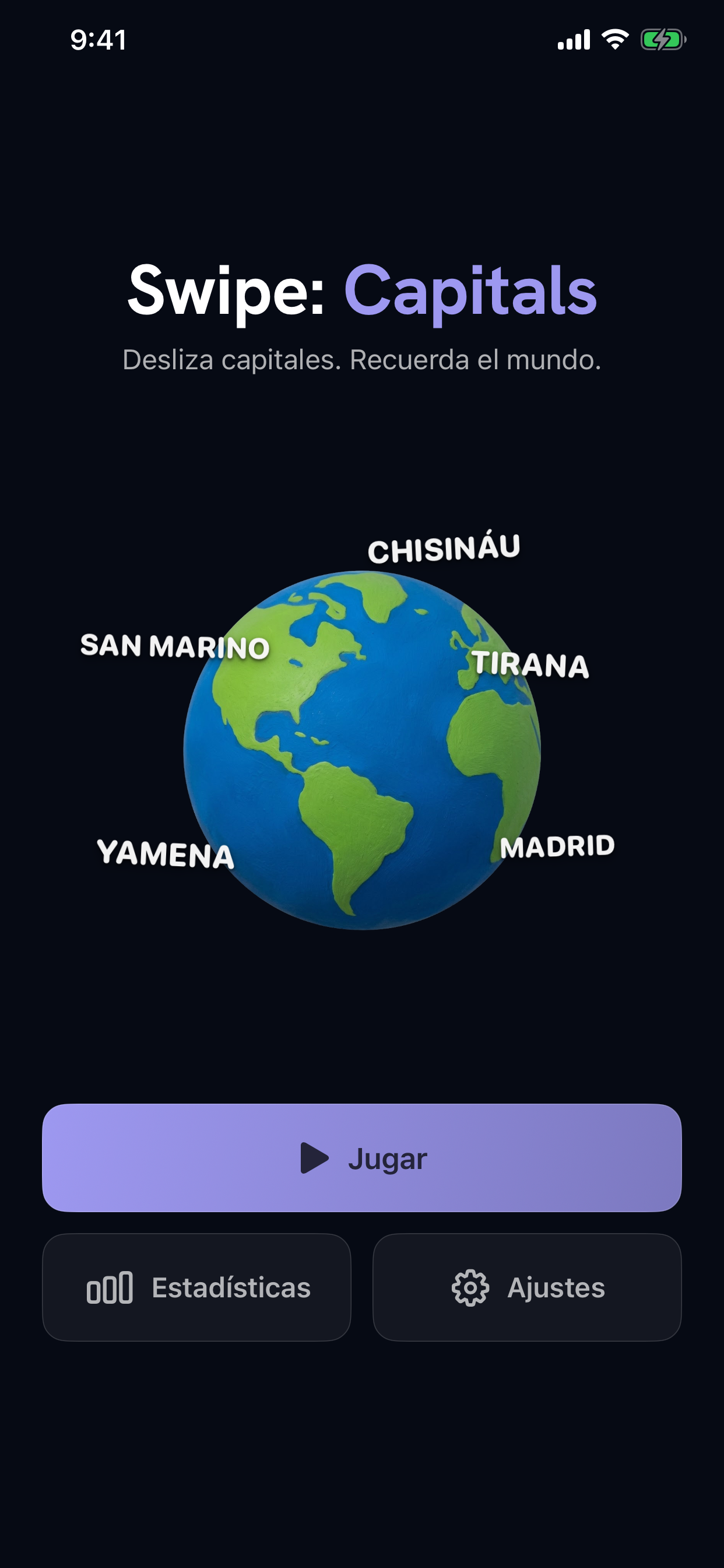 Pantalla principal de Swipe: Capitals con el globo y las opciones Start Game, Statistics y Settings.