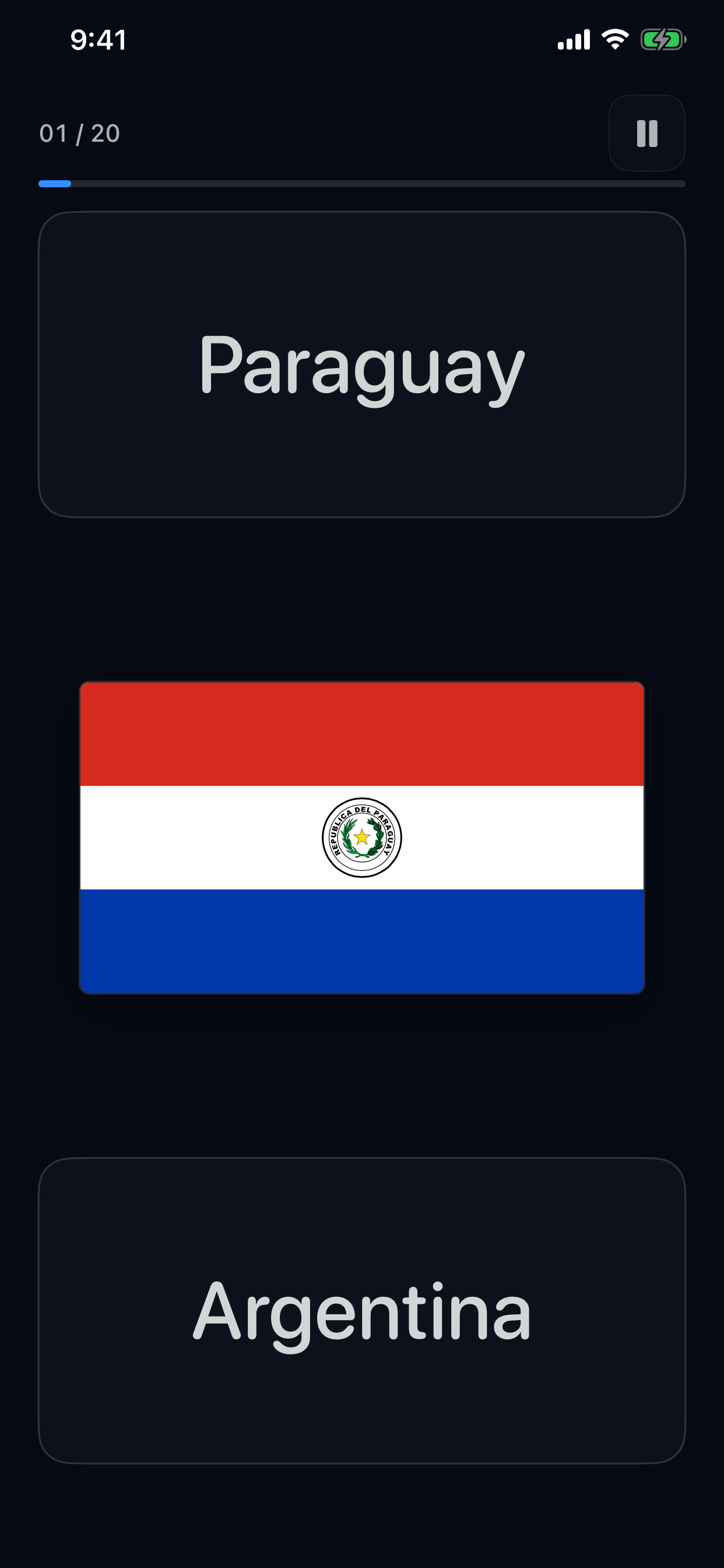 Flag quiz screen asking the player to choose between Paraguay and Argentina.